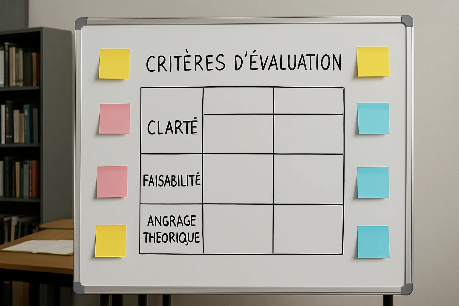Grille de critères pour évaluer une problématique de mémoire affichée sur un tableau blanc