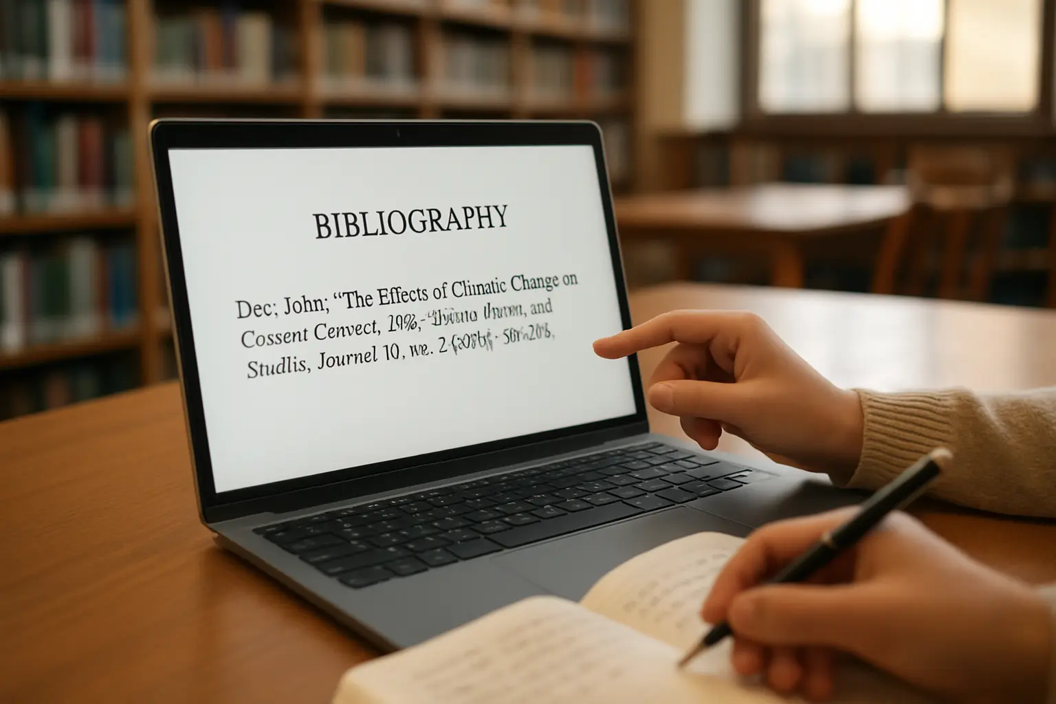 Étudiant consultant une référence de thèse sur un ordinateur portable dans une bibliothèque universitaire