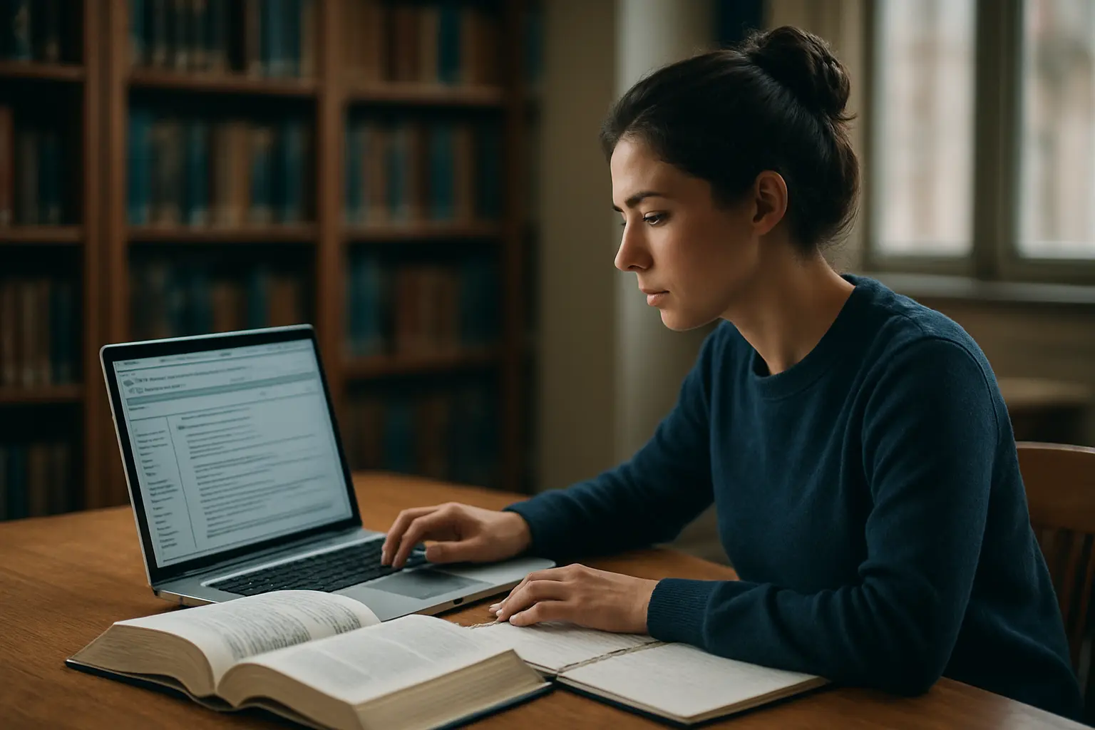 Étudiant en droit consultant une base de jurisprudence sur ordinateur portable dans une bibliothèque universitaire
