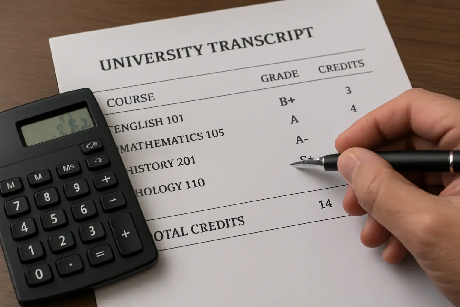Relevé de notes universitaire posé sur un bureau avec une calculatrice pour vérifier la compensation