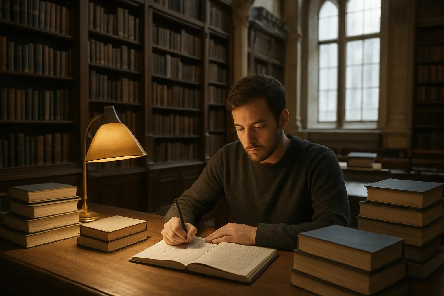 Doctorant travaillant sur la rédaction de sa thèse dans une bibliothèque universitaire française