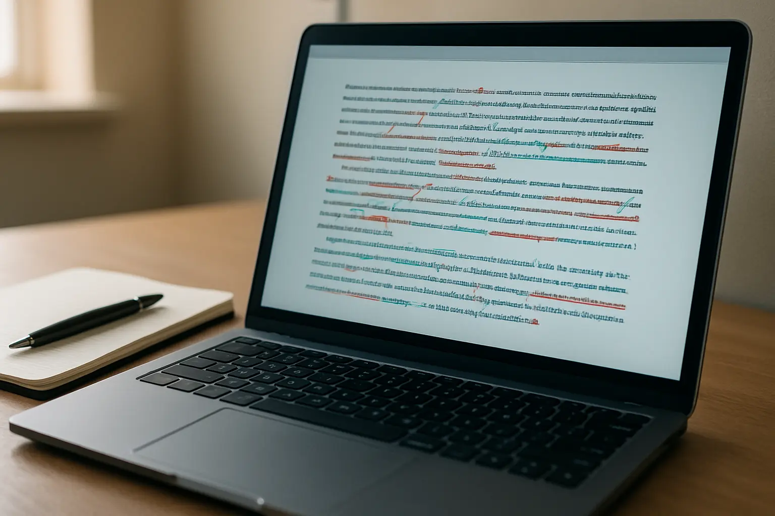 Écran d'ordinateur affichant un document de mémoire avec des corrections en surbrillance