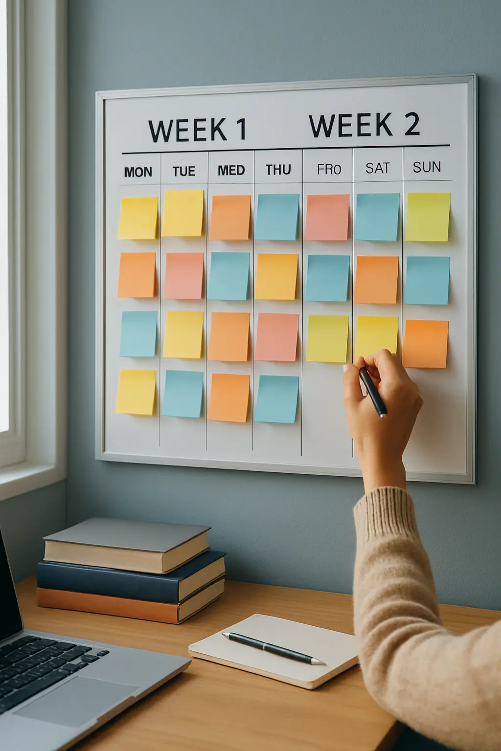 Planning de préparation à la soutenance affiché sur un tableau avec des post-it colorés