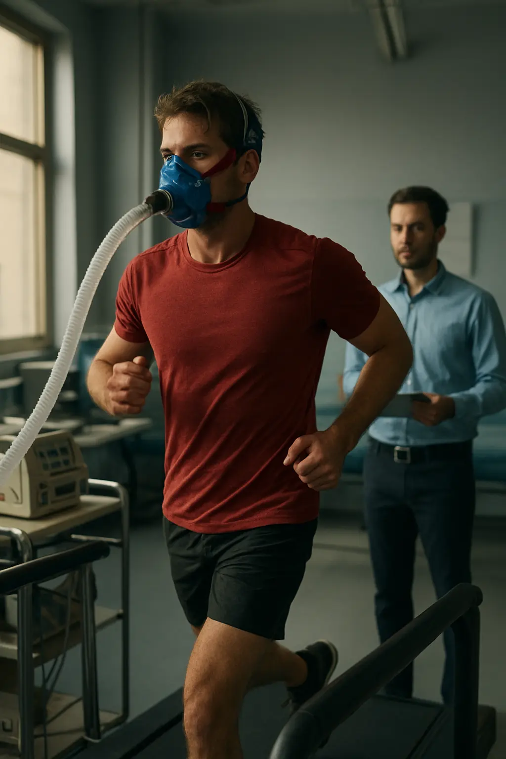 Étudiant en STAPS réalisant un test d'effort sur tapis roulant avec masque d'analyse des gaz respiratoires