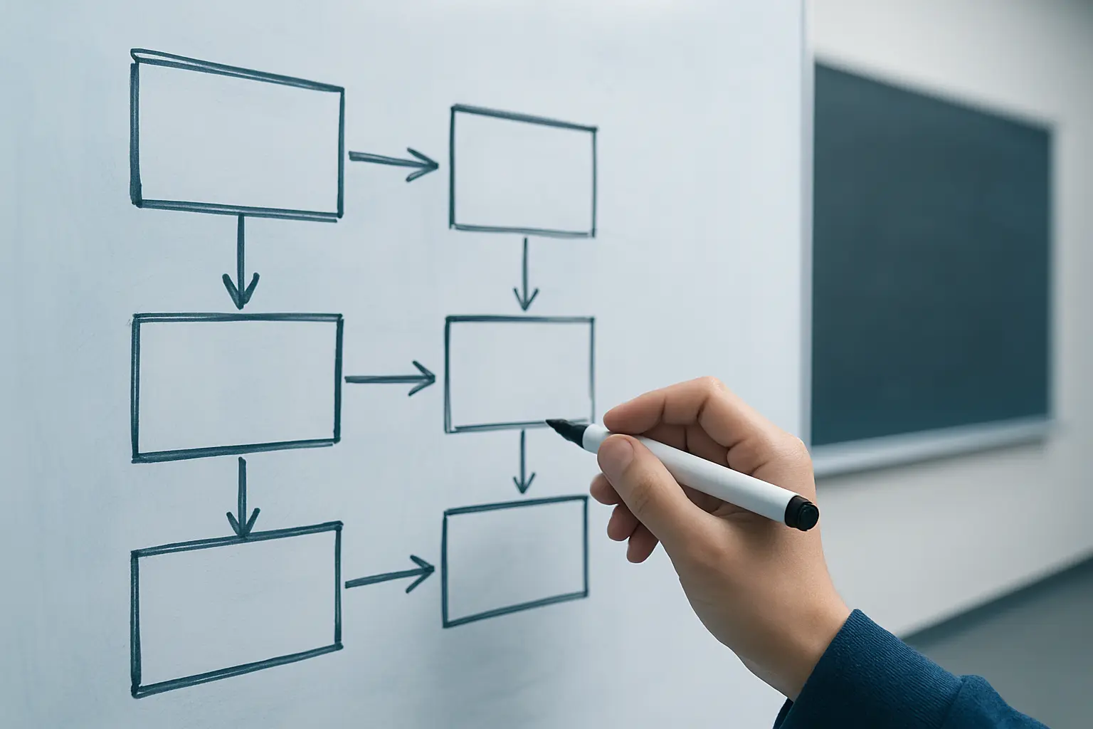Étudiant construisant un schéma de cadre théorique avec des concepts reliés par des flèches sur un tableau blanc