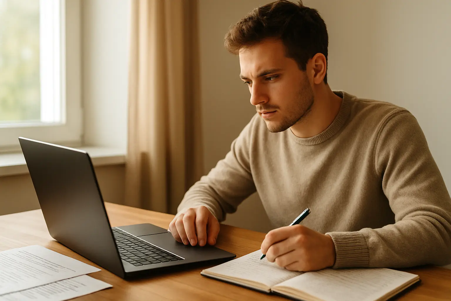 Étudiant révisant son diaporama de soutenance de mémoire sur un ordinateur portable