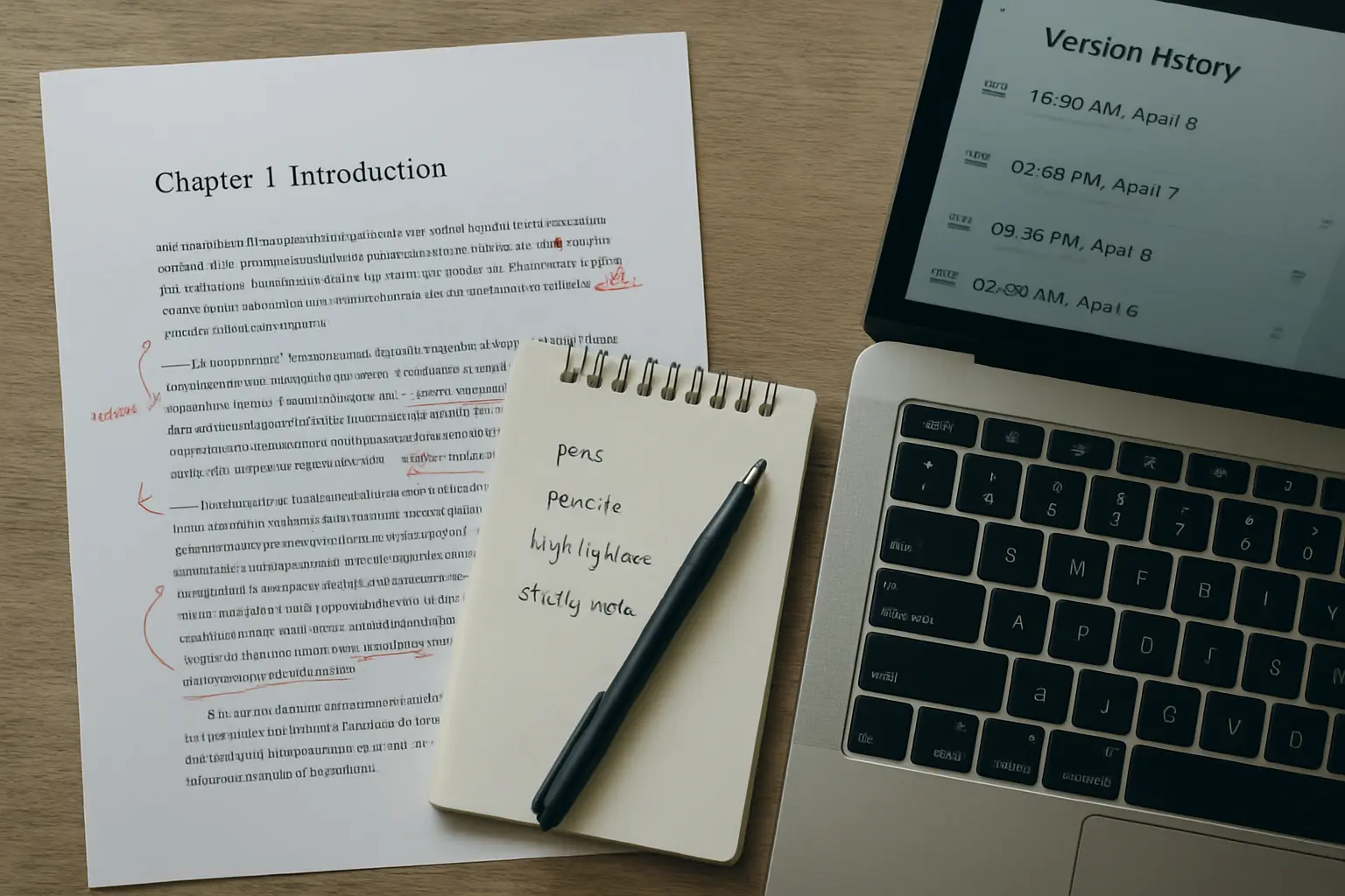 Bureau d'étudiant avec chapitre de mémoire annoté et historique de versions affiché à l'écran