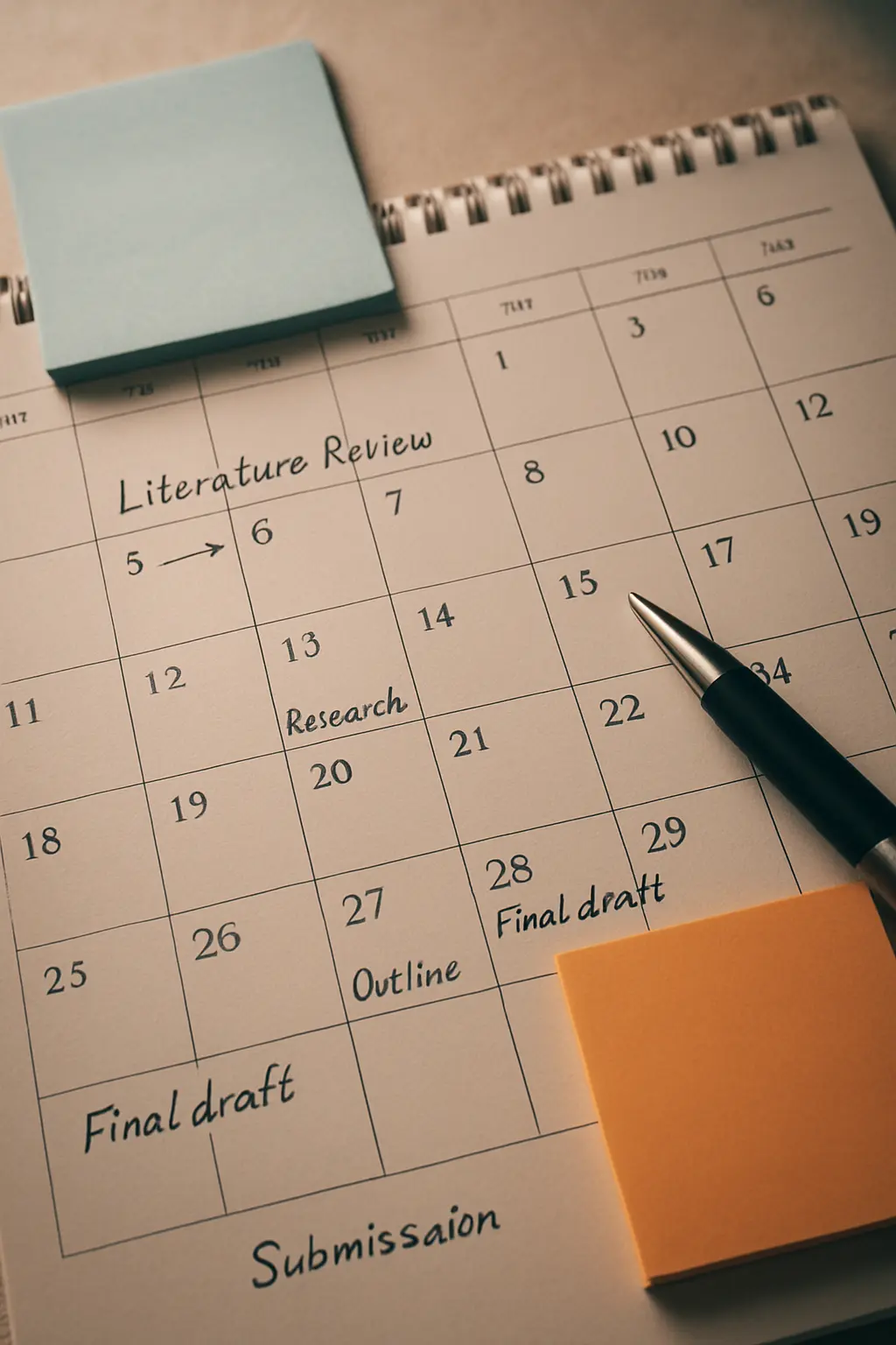 Calendrier mural annoté avec les grandes étapes de rédaction d'un mémoire universitaire