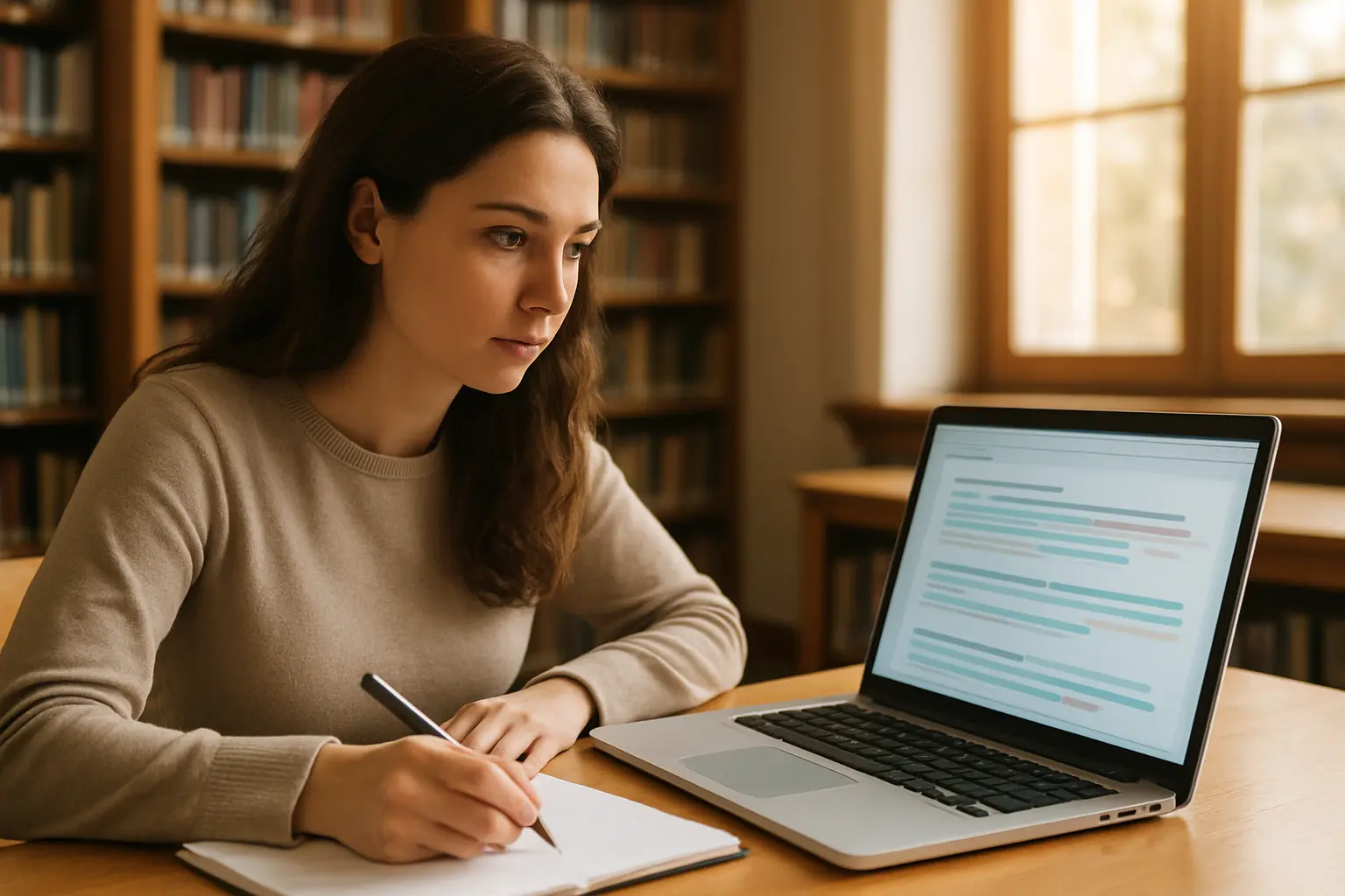 Étudiante consultant un rapport de similitude généré par un logiciel anti-plagiat sur un ordinateur portable