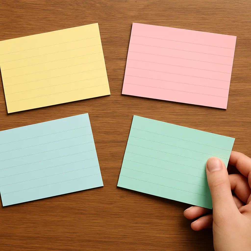 Étudiante organisant les parties de son plan de mémoire sur des fiches colorées