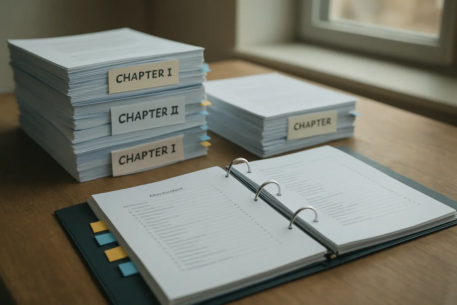Étudiante organisant les chapitres imprimés de son mémoire de master sur un bureau