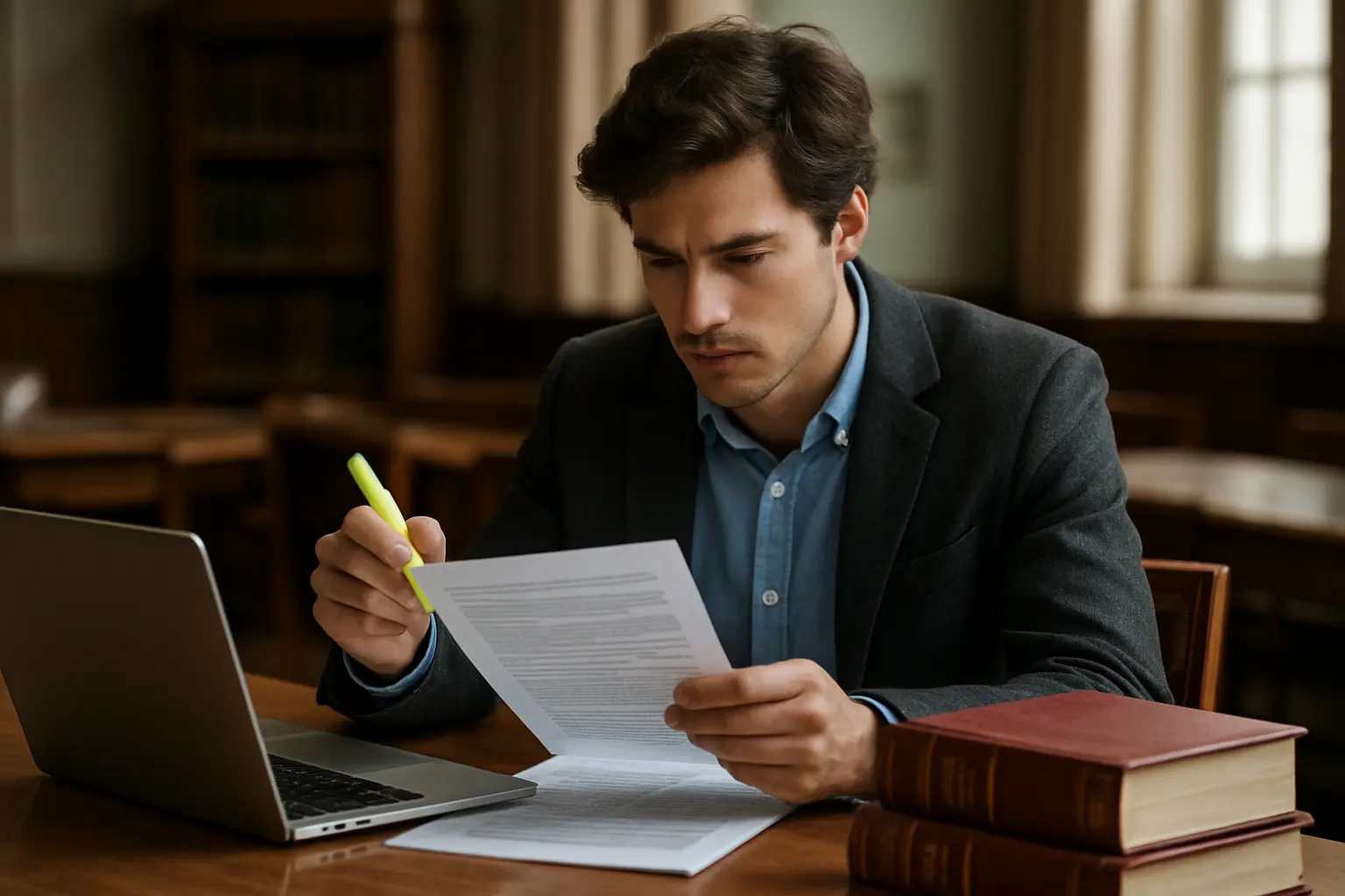 Étudiant en droit consultant le règlement de son UFR pour vérifier le nombre de pages exigé pour son mémoire de master