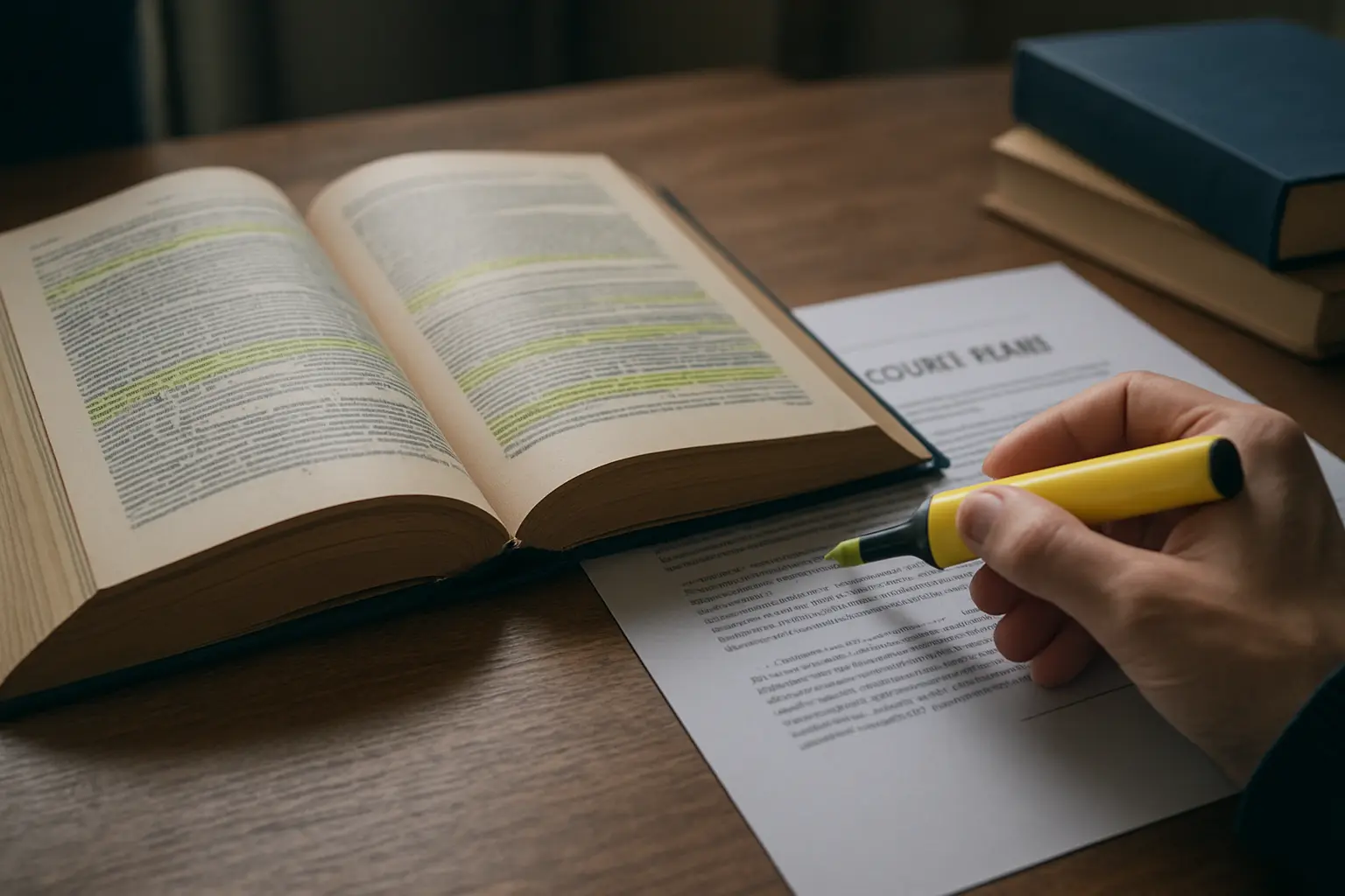 Étudiante en droit consultant un code annoté et un arrêt de la Cour de cassation sur son bureau