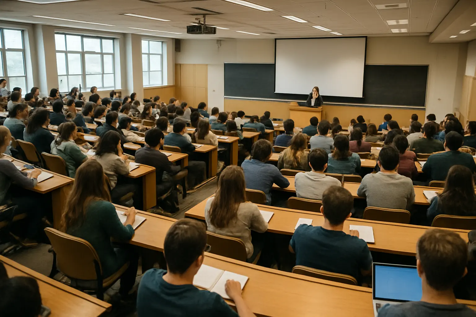 Amphithéâtre universitaire rempli d'étudiants pendant un cours magistral