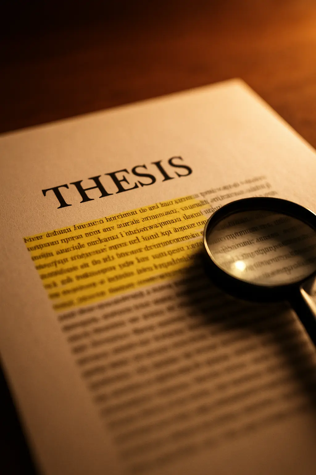 Gros plan sur un document de mémoire universitaire avec la page d'abstract surlignée