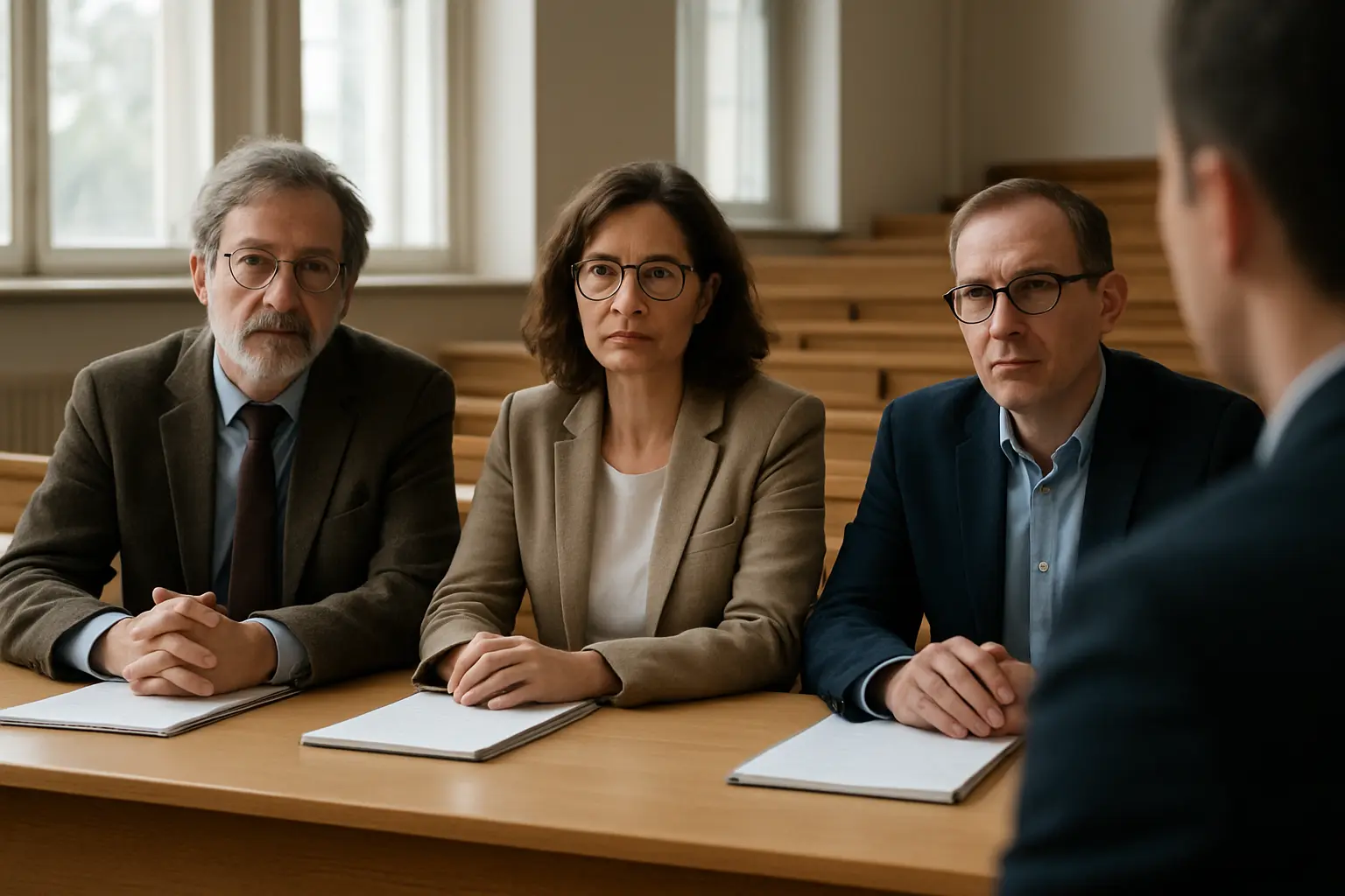 Jury universitaire écoutant une présentation de soutenance de mémoire dans un amphithéâtre