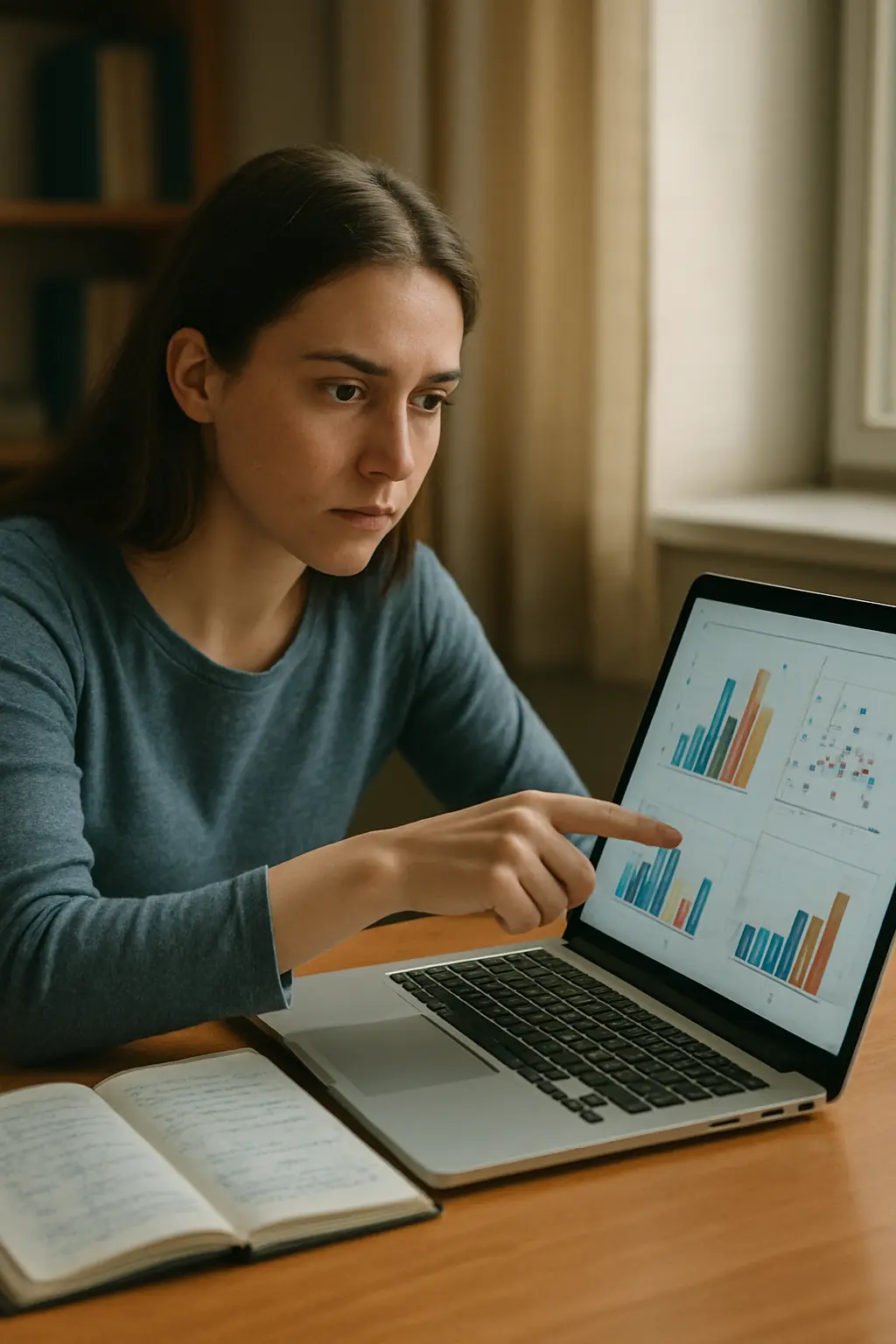 Étudiante en psychologie analysant des résultats statistiques sur un écran d'ordinateur avec des graphiques