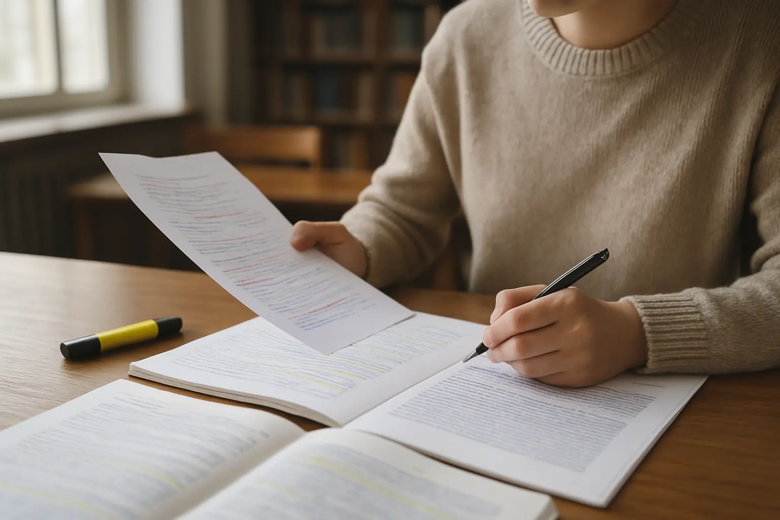 Étudiant relisant ses notes de recherche annotées à un bureau