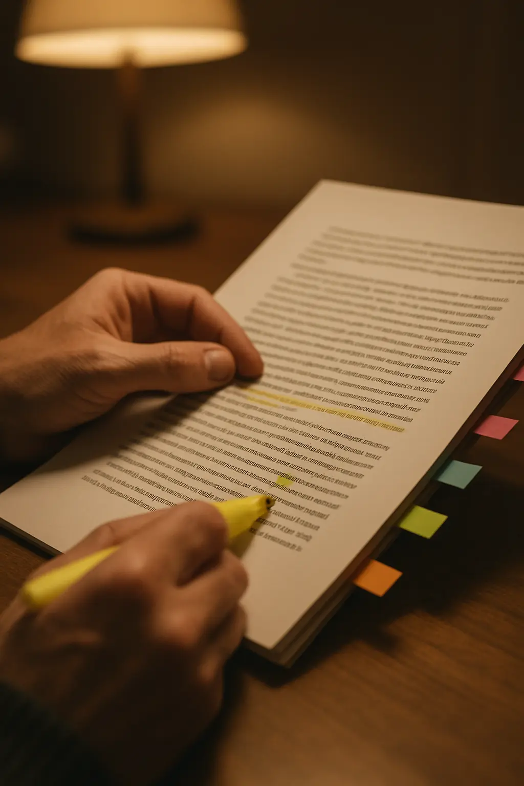 Chercheur codant des verbatims d'entretien en surlignant des passages sur un document imprimé