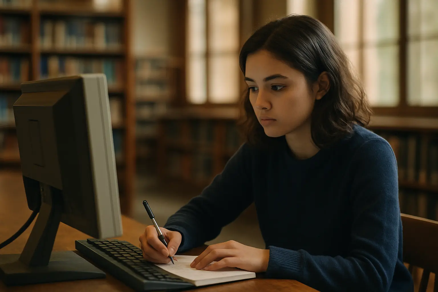 Étudiante consultant un catalogue de bibliothèque universitaire pour sa recherche documentaire