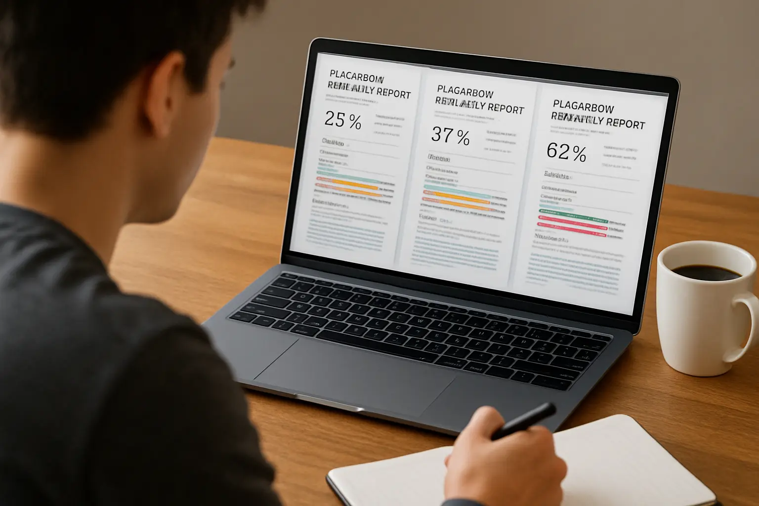 Étudiante comparant plusieurs rapports de similarité anti-plagiat sur un ordinateur portable