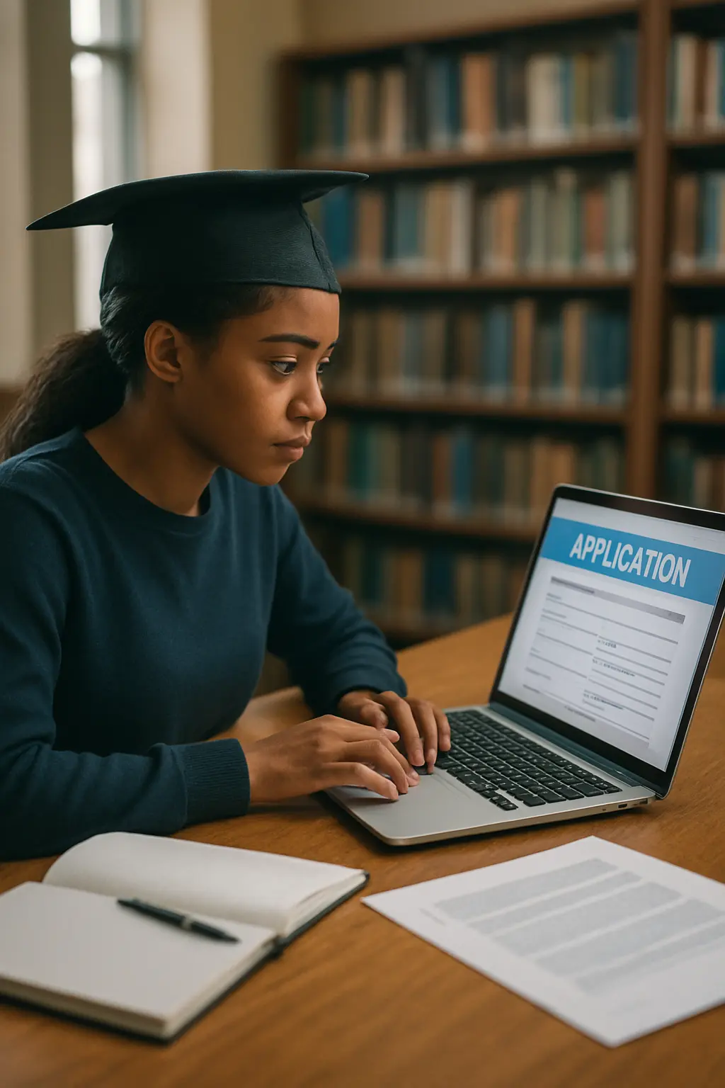 Doctorant préparant sa candidature de thèse sur un ordinateur portable dans une bibliothèque universitaire