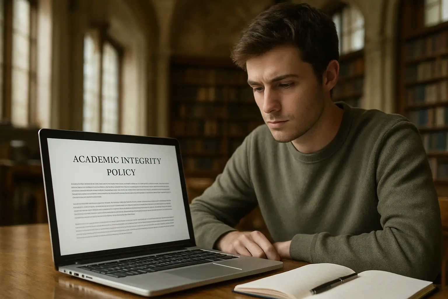 Étudiante à Sciences Po consultant la charte anti-plagiat sur son ordinateur avant de déclarer l'usage d'une IA dans son mémoire