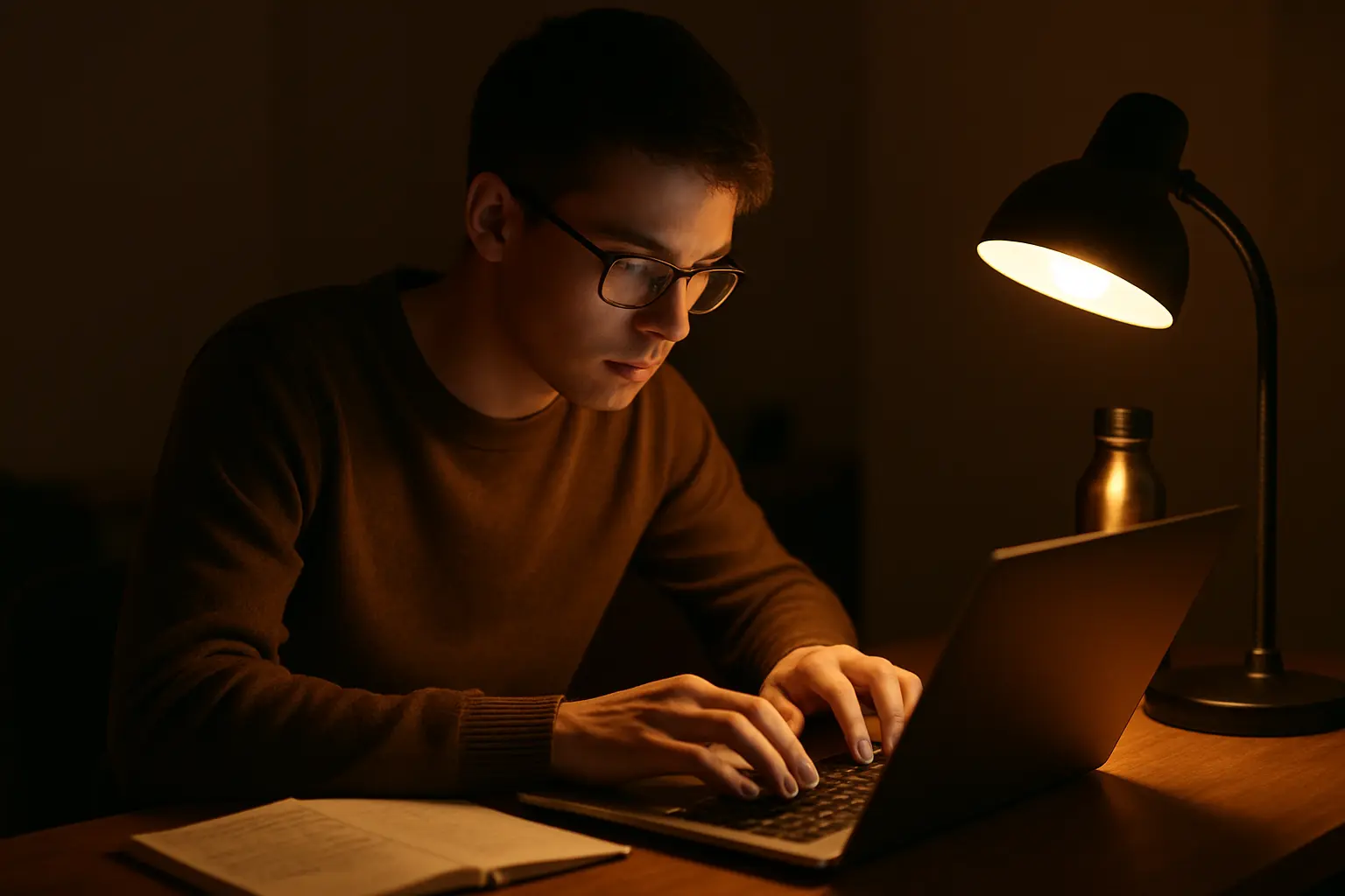 Étudiant en séance de rédaction intensive tard le soir avec un compteur de mots à l'écran