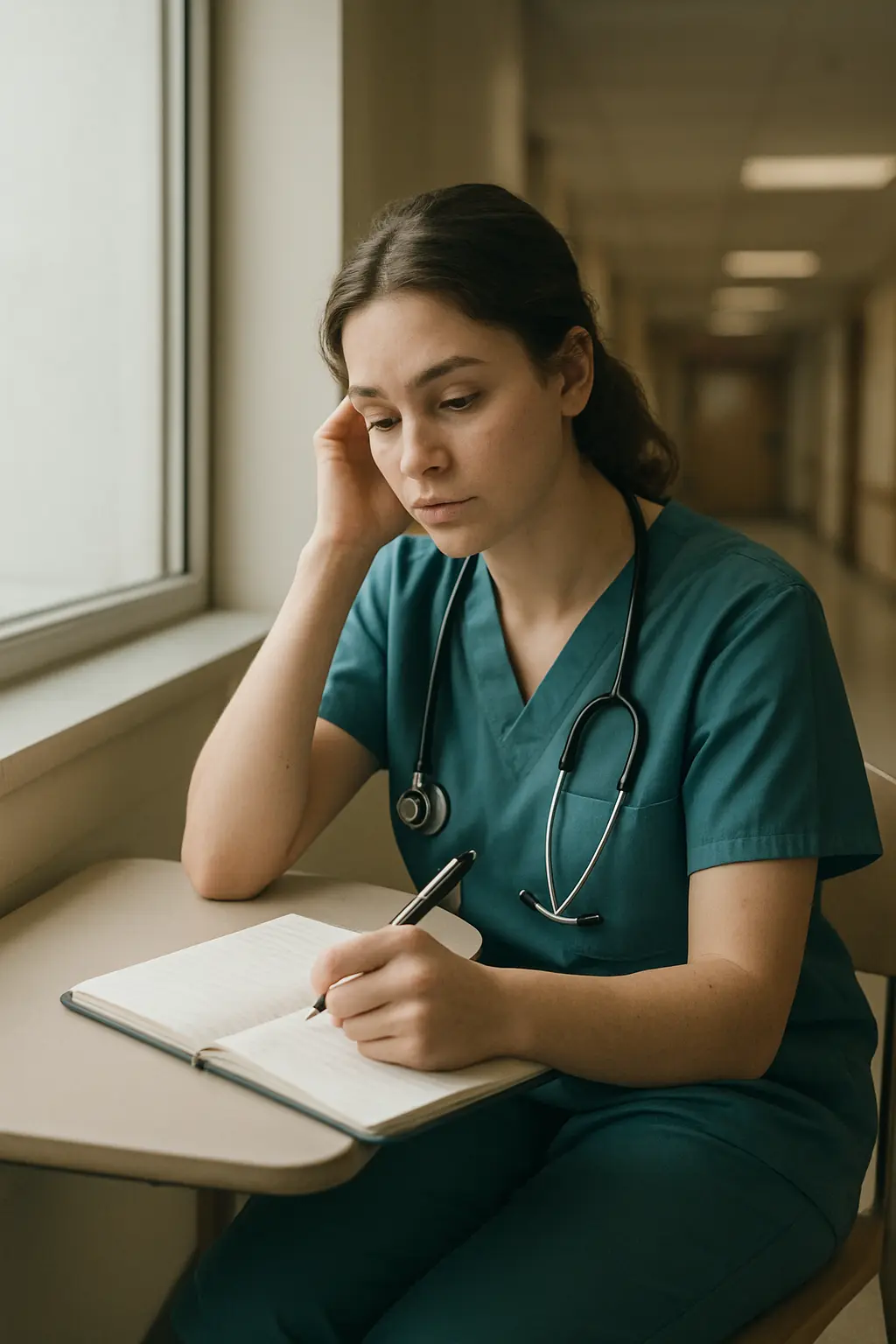 Étudiante infirmière rédigeant la description factuelle d'une situation d'appel vécue en stage