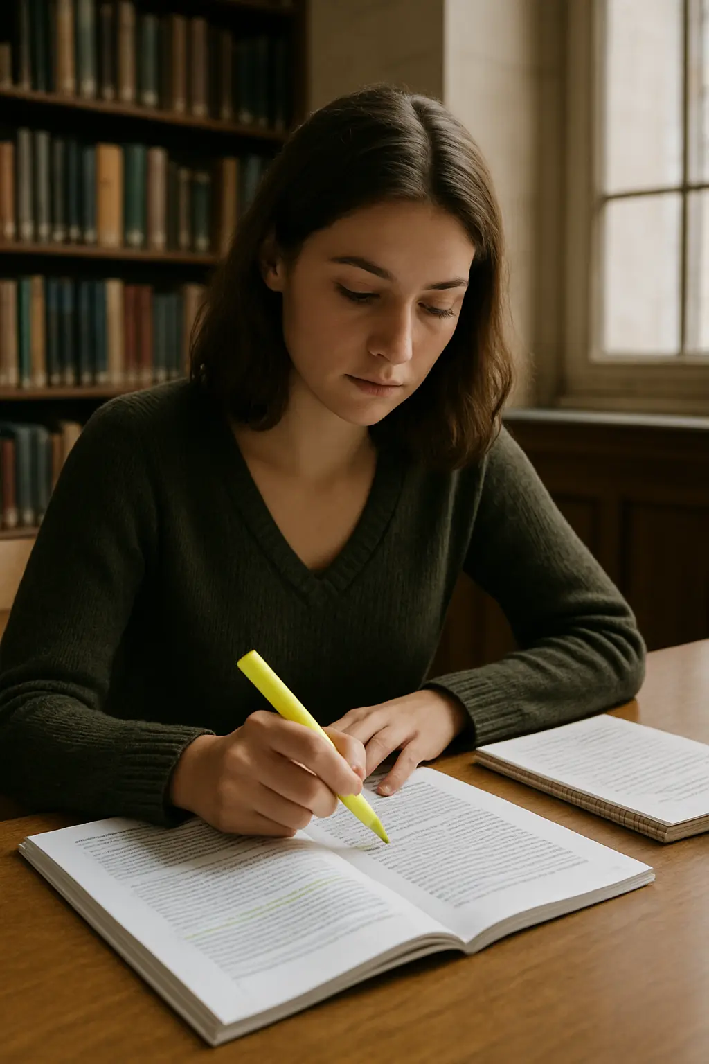 Étudiante en sociologie annotant des articles scientifiques pour construire sa problématique de mémoire