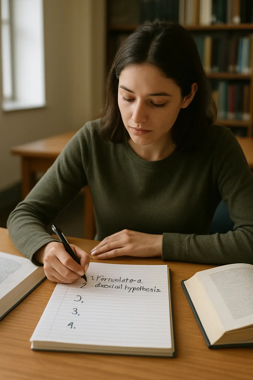 Étudiante rédigeant les étapes de formulation d'une hypothèse de recherche sur un cahier