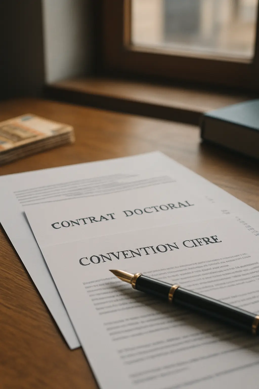 Doctorant consultant des documents de financement de thèse et un contrat doctoral sur un bureau universitaire