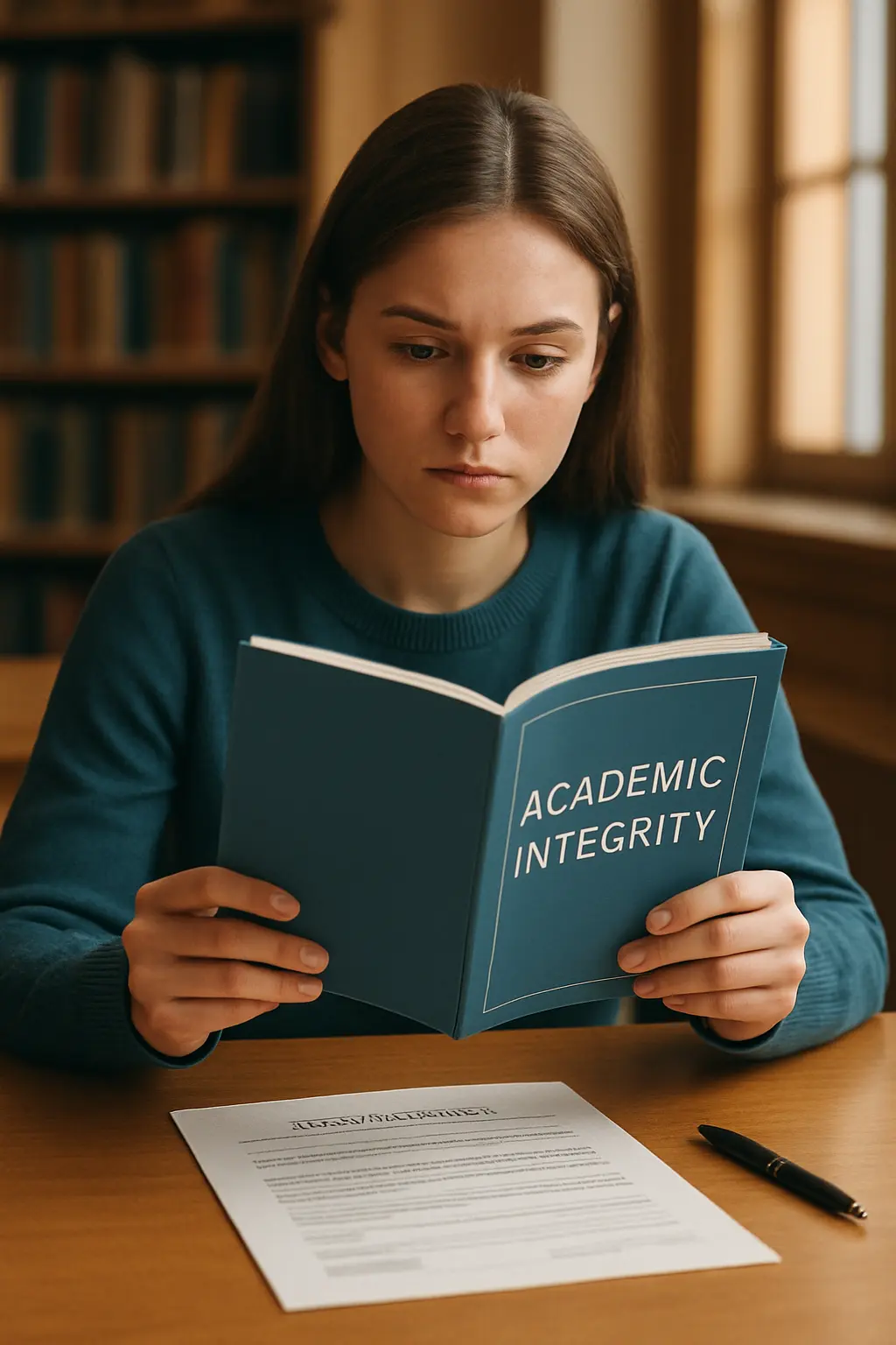 Étudiante relisant le règlement d'intégrité académique de son université avant de signer sa déclaration