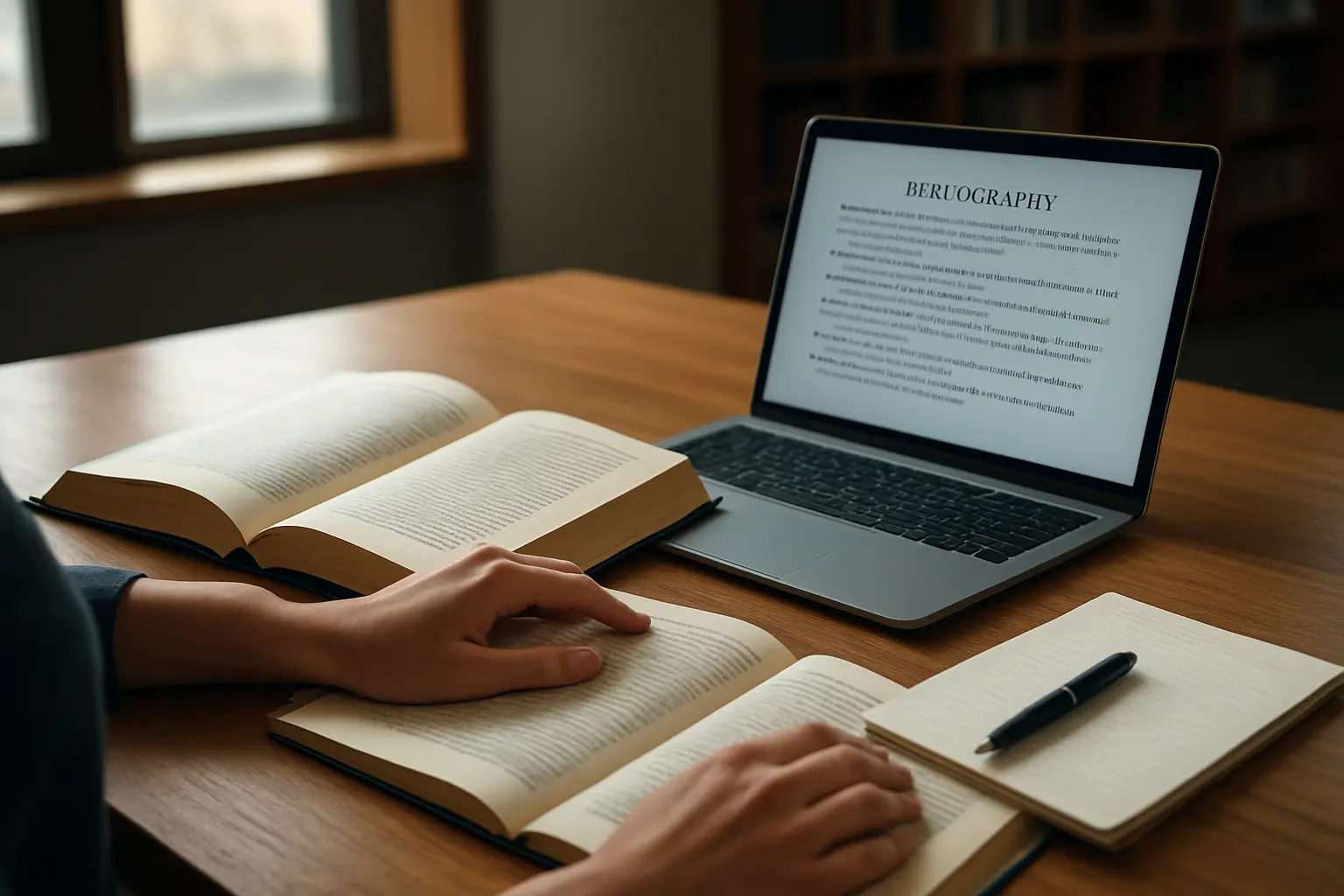 Étudiante consultant un livre ouvert à côté d'un ordinateur portable affichant une bibliographie
