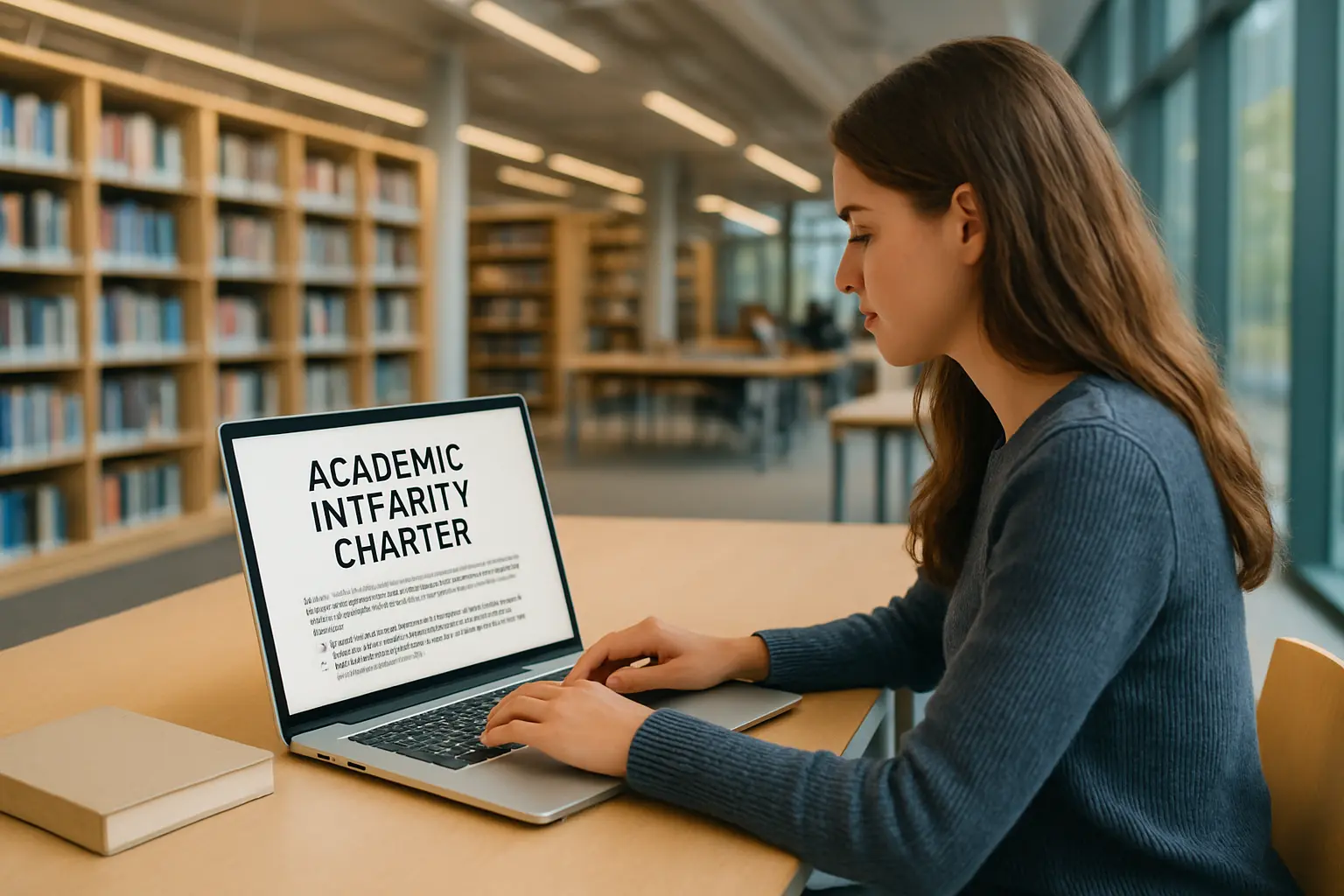 Étudiante consultant une charte d'intégrité académique universitaire sur un ordinateur portable