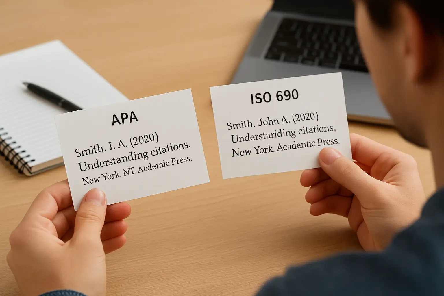 Étudiante comparant deux fiches de citation APA 7 et ISO 690 sur un bureau