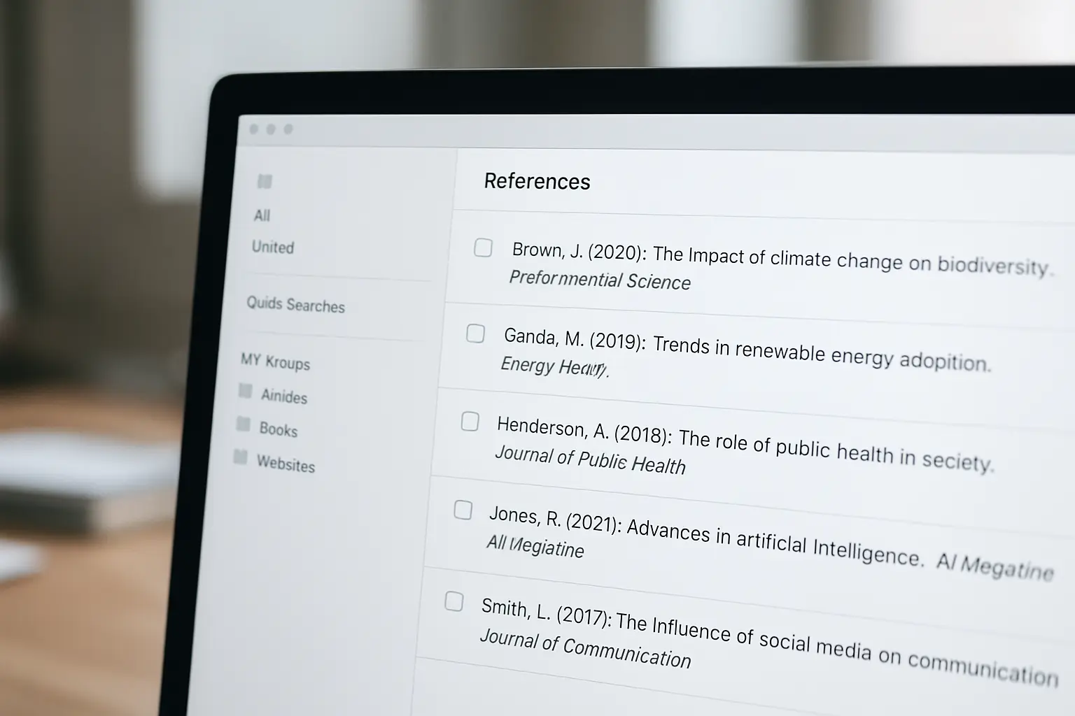 Interface d'un logiciel de gestion bibliographique affichant une liste de références classées