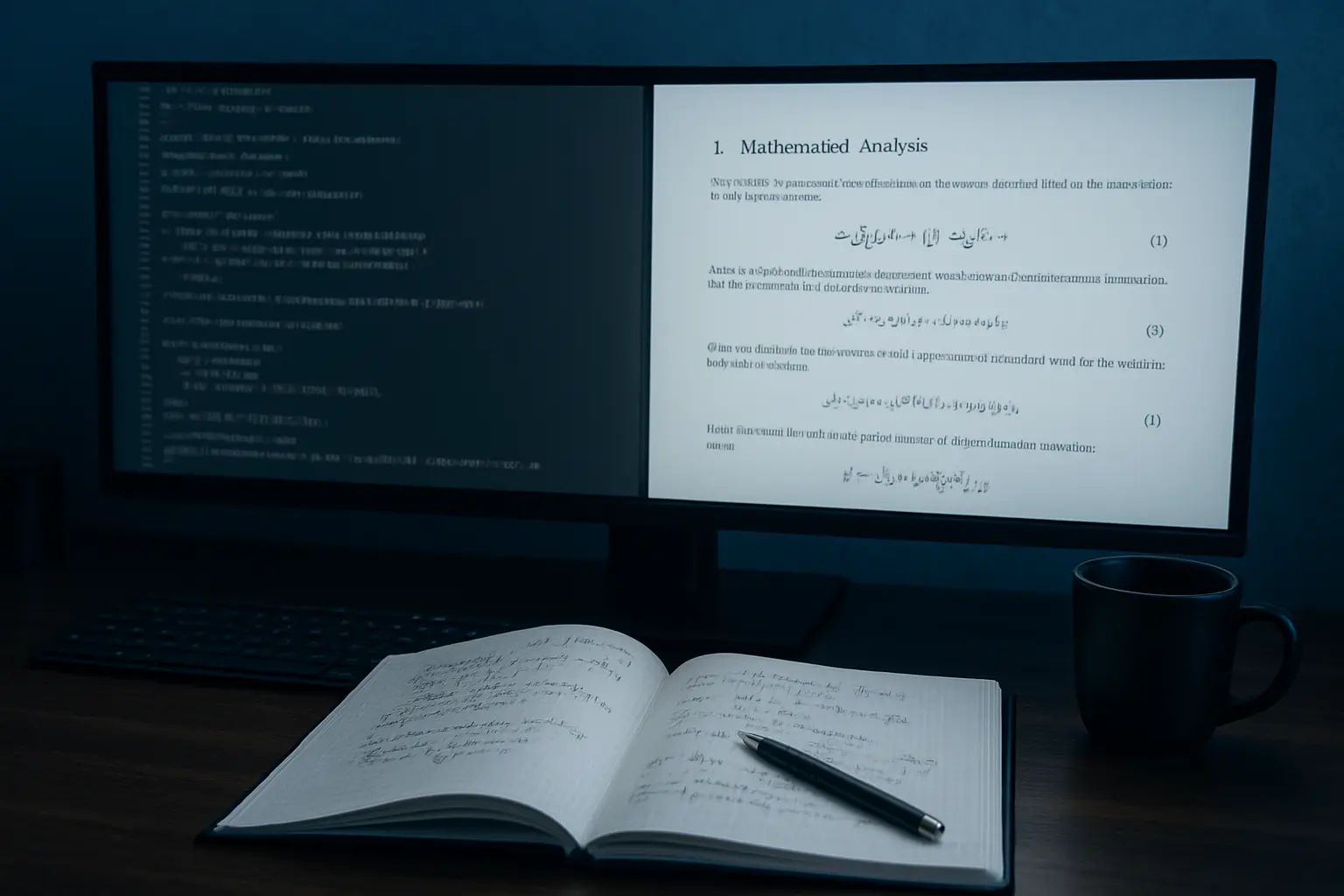 Écran affichant du code de composition et le rendu d'équations mathématiques côte à côte