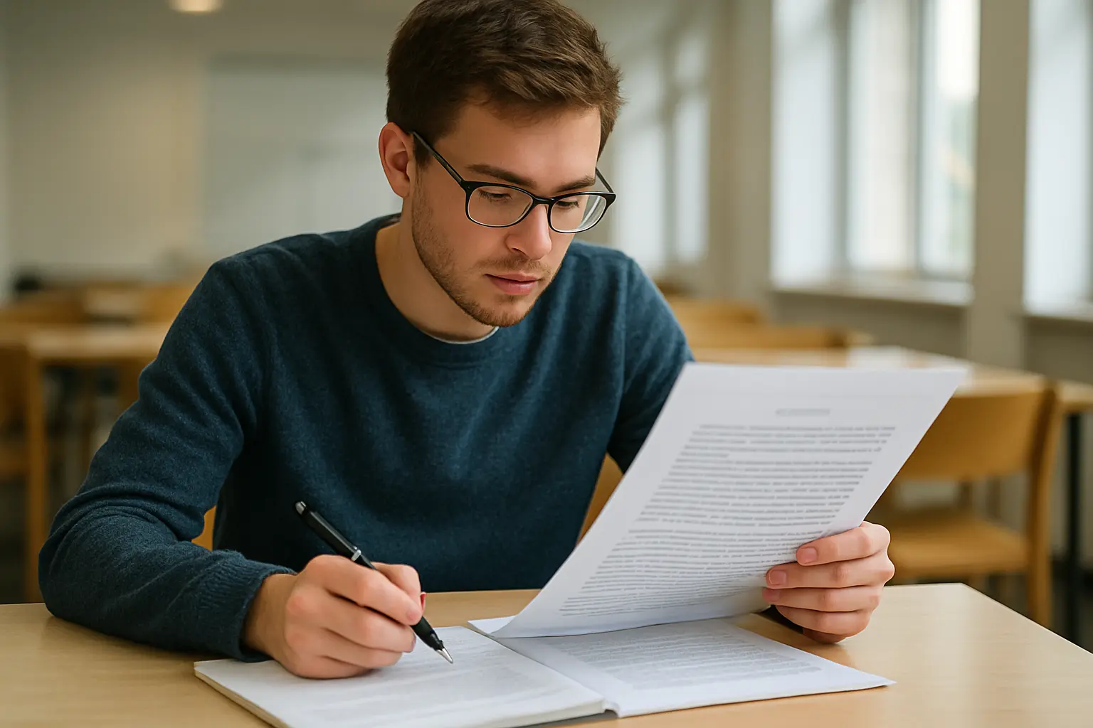 Étudiant relisant son mémoire pour vérifier l'absence de plagiat avant le dépôt