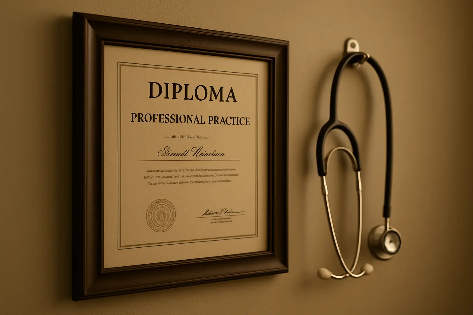 Diplôme d'État encadré à côté d'un stéthoscope, symbole du droit d'exercer obtenu par la thèse d'exercice