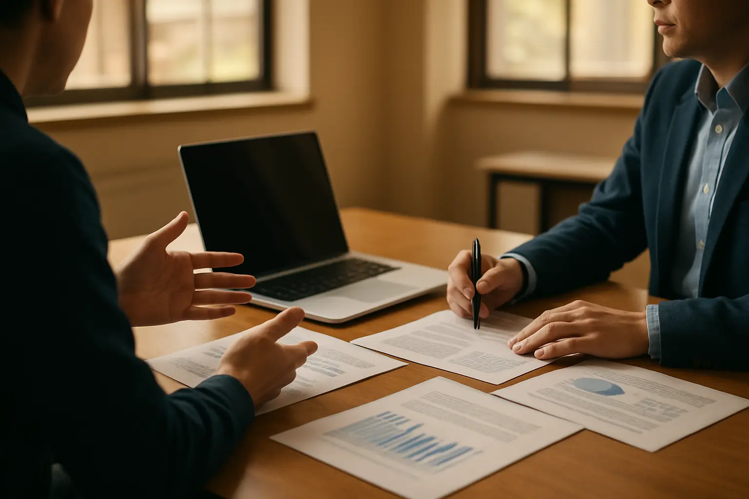Étudiant discutant avec son directeur de mémoire autour d'une table, documents et ordinateur portable ouverts