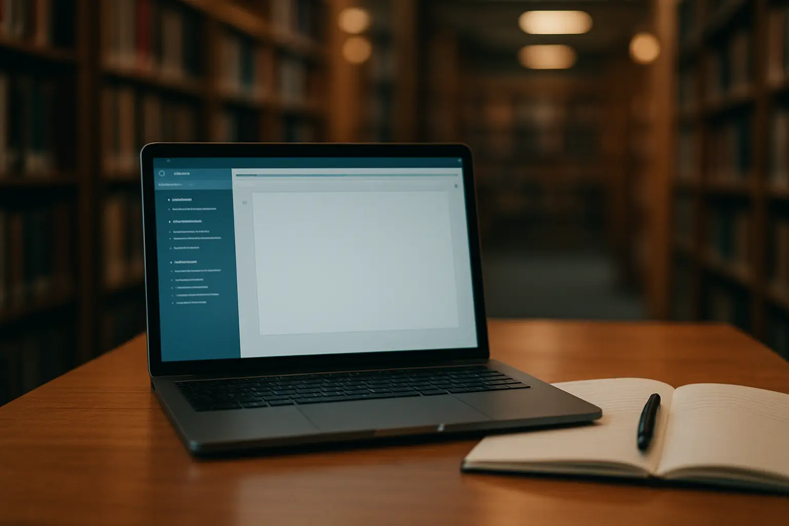 Étudiant consultant un outil d'aide à la rédaction sur ordinateur portable en bibliothèque universitaire