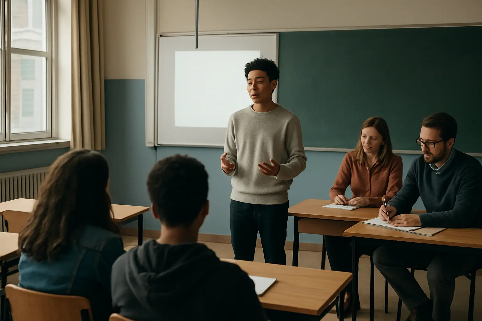 Élève présentant oralement son travail de maturité devant des enseignants