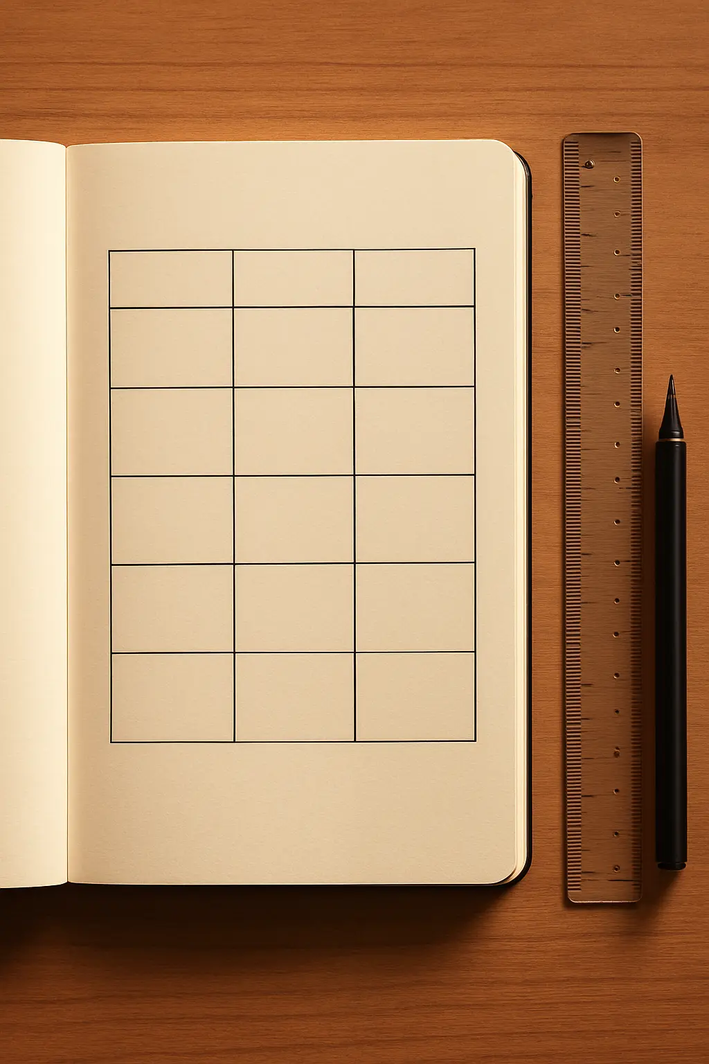 Tableau à trois colonnes tracé à la main dans un carnet, du concept aux dimensions puis aux indicateurs
