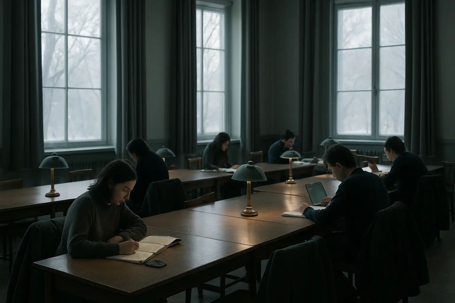 Salle d'étude silencieuse pendant le blocus, tables occupées par des étudiants en révision