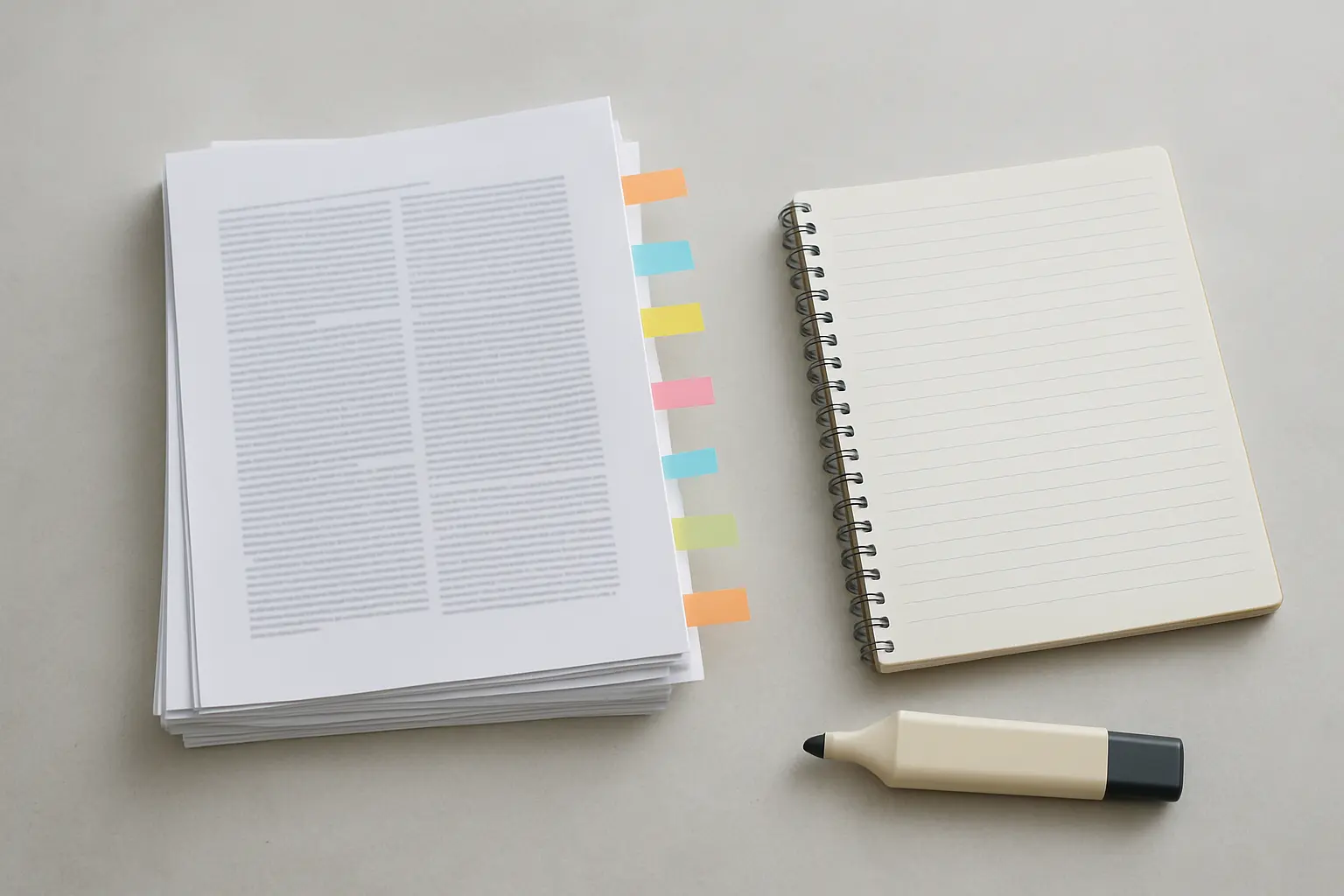 Pile d'articles scientifiques annotés posés à côté d'un carnet, illustrant la phase d'exploration avant la question de recherche