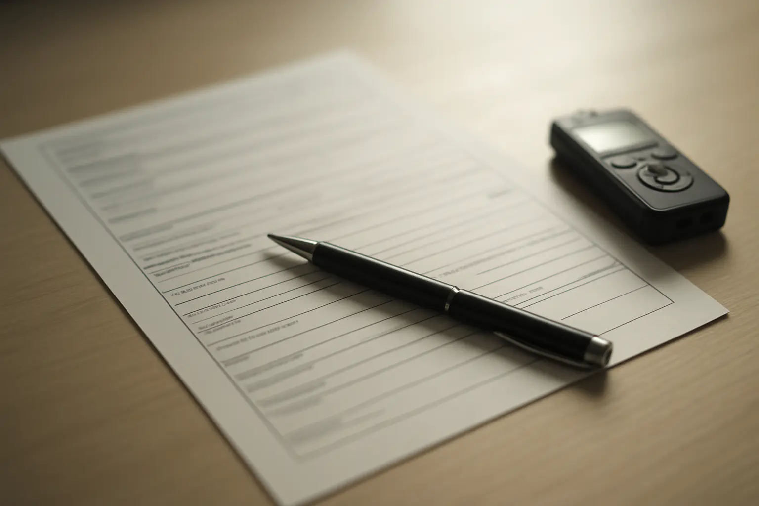 Formulaire de consentement signé posé sur une table à côté d'un dictaphone, illustrant la section éthique du chapitre méthodologique