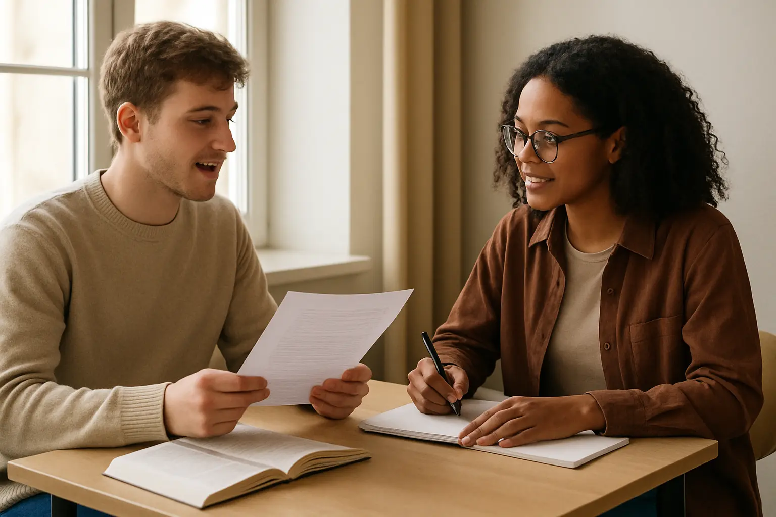 Deux étudiants testant une grille de questions l'un sur l'autre avant de partir sur le terrain