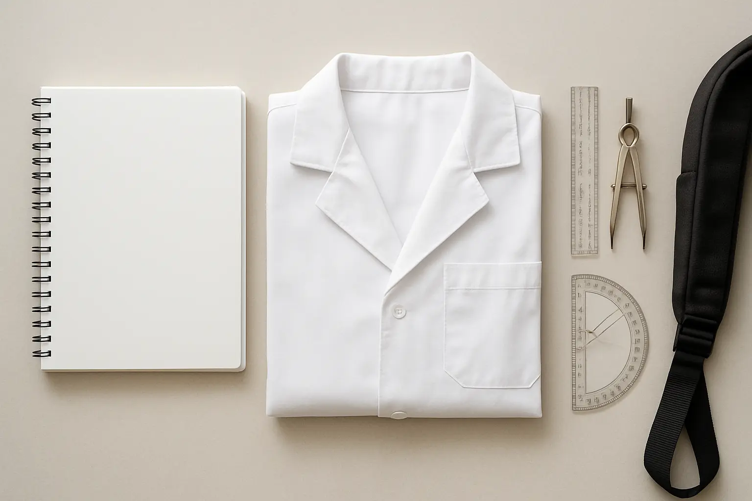 Matériel de section posé sur une table : syllabus, blouse et instruments, illustrant les frais qui s'ajoutent au minerval