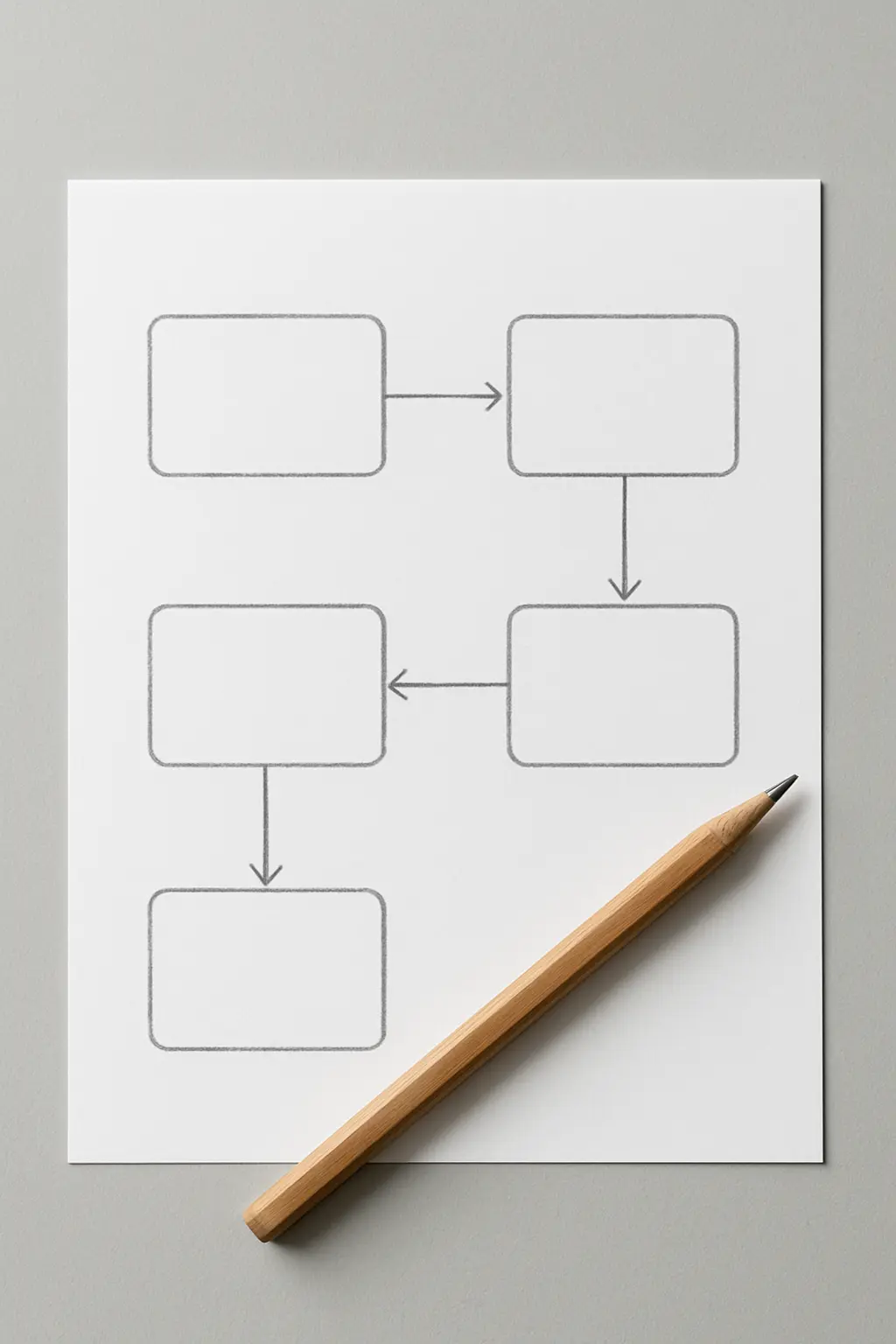 Schéma conceptuel esquissé au crayon avec des cadres reliés par des flèches sur une feuille posée sur un bureau